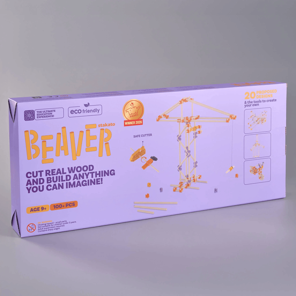 Purple construction kit box side with diagrams of build options and parts