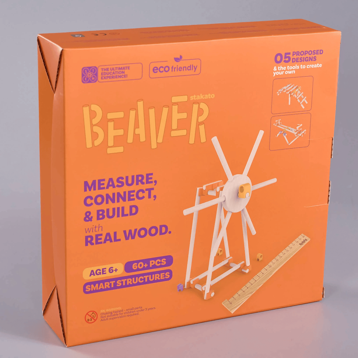 Beaver Smart Structures 60pc real wood building set box with small parts warning