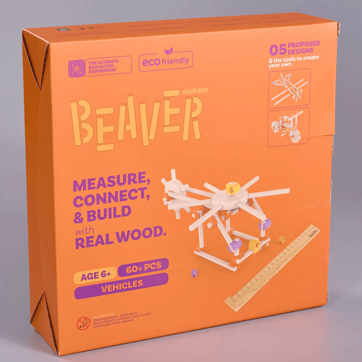 Real wood vehicle building set box with BEAVER branding and 60+ pieces label
