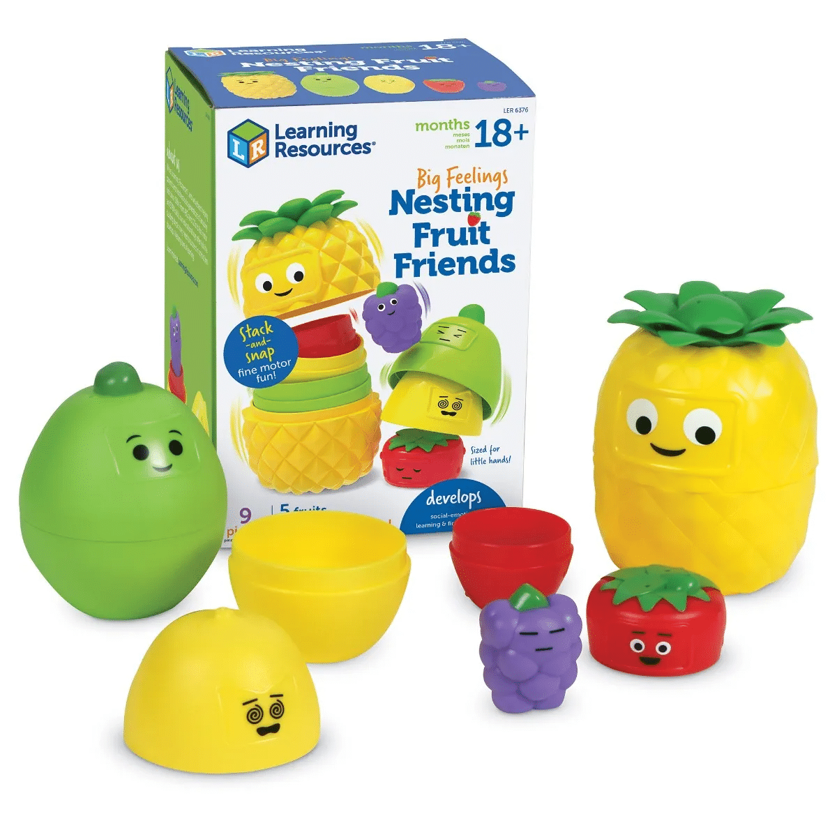 Nesting fruit friends toy set with pineapple, pear, grape, strawberry, and lemon figures