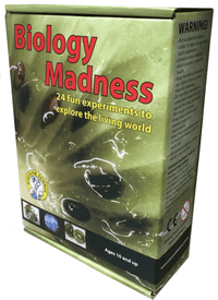 Science kit box, green with Biology Madness title and warning panel