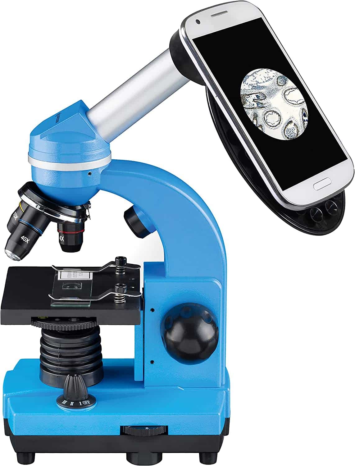 Blue student microscope with smartphone adapter showing magnified specimen on screen