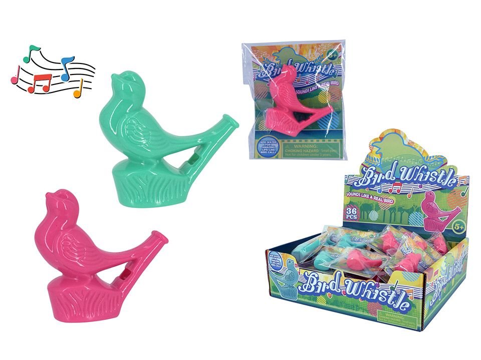 Assorted bird-shaped water whistles in teal and pink