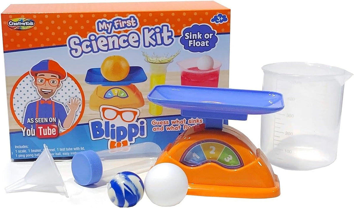 Blippi sink or float science kit set with orange base, blue tray, white cups, and scoops