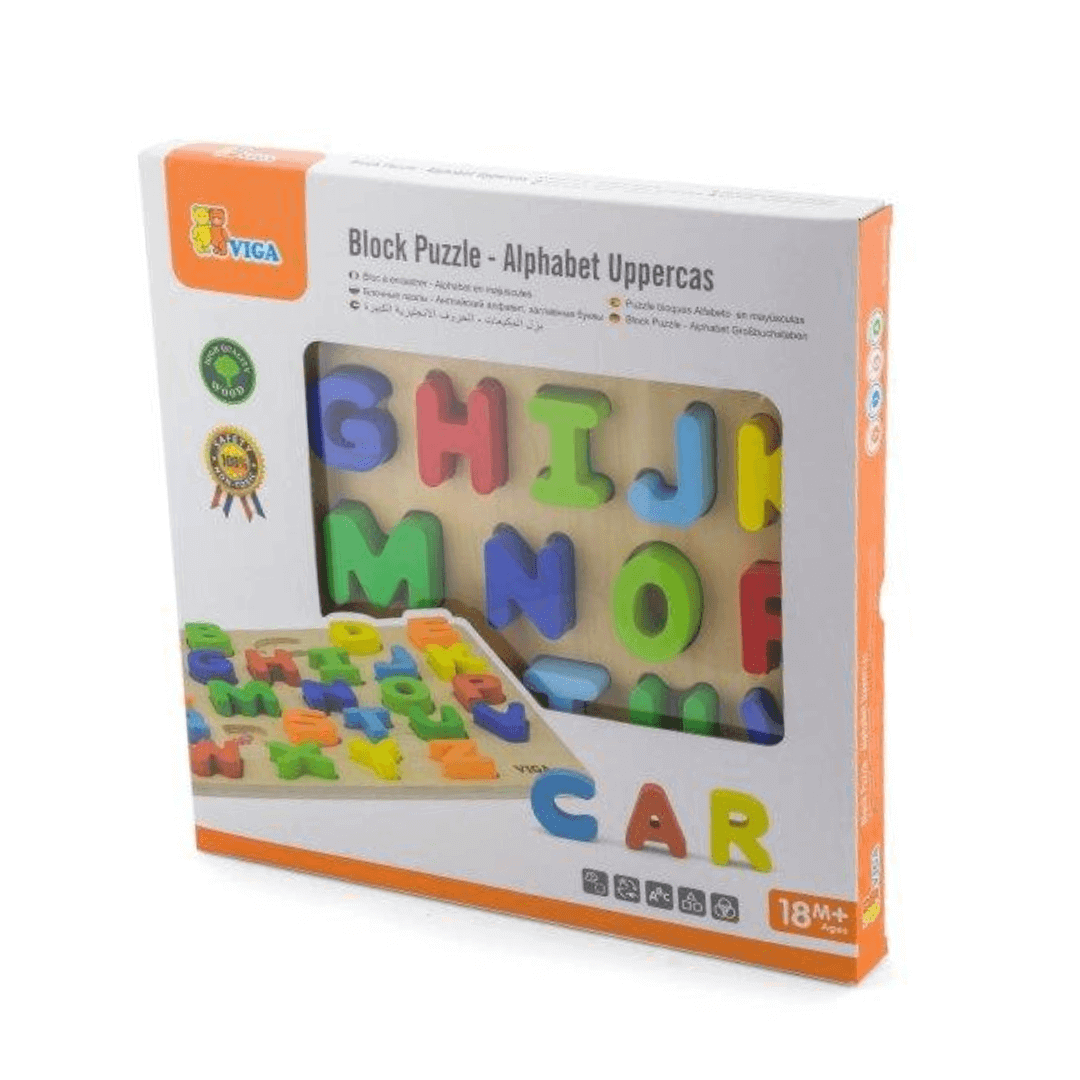 Alphabet block puzzle box showing uppercase letter blocks and tray, age 18m+