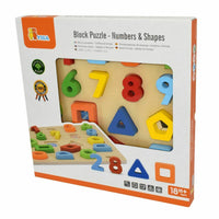 Children's block puzzle box showing colorful number and shape pieces