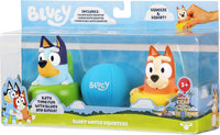 Bluey bath water squirters 3-pack blister pack, showing blue ball and two dog squirters
