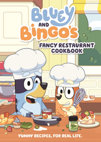Hardback cookbook with cartoon cover of Bluey and Bingo cooking at a fancy restaurant