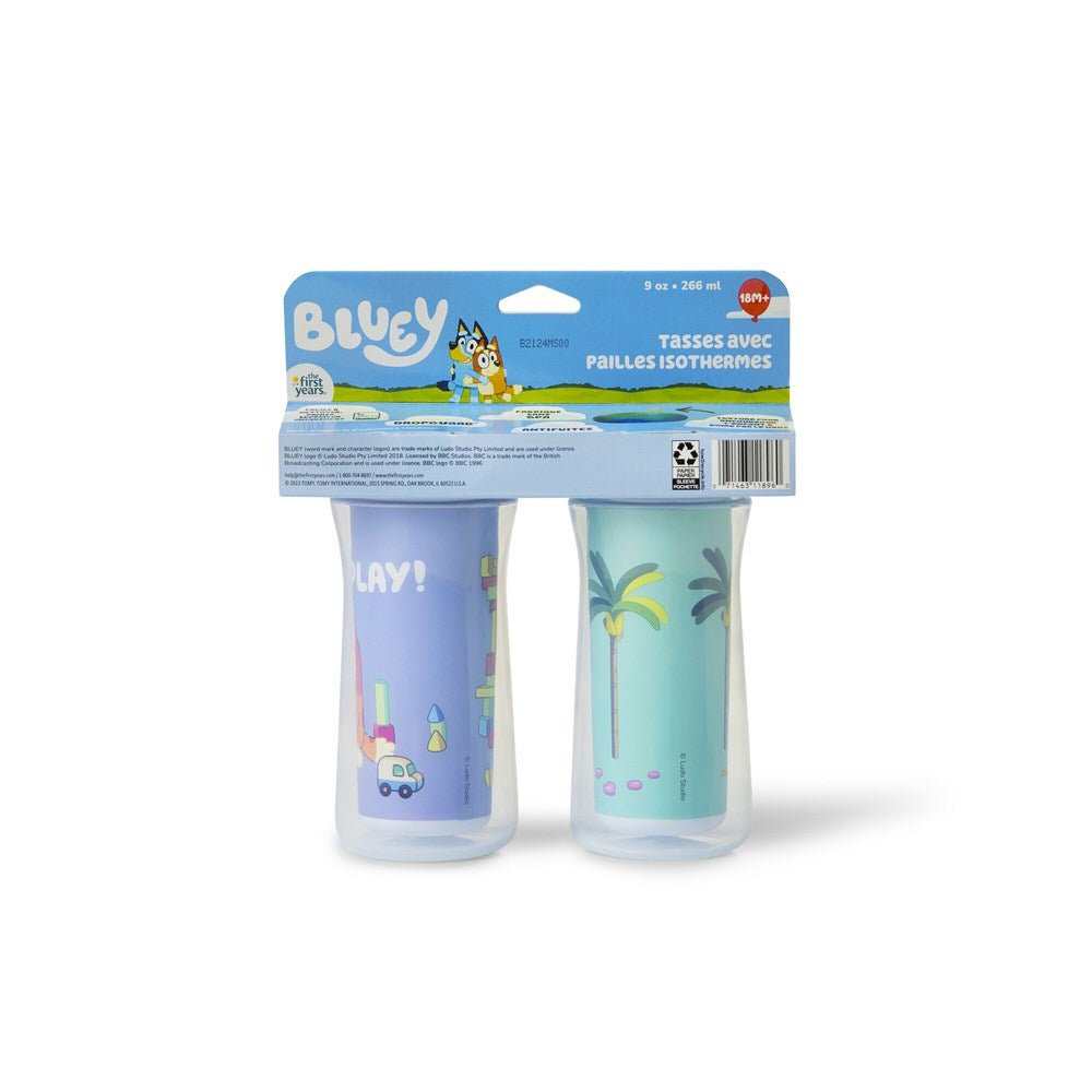 2-pack insulated straw cups in blister packaging, blue character prints, purple lids