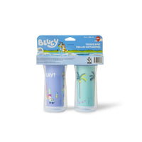 2-pack insulated straw cups in blister packaging, blue character prints, purple lids