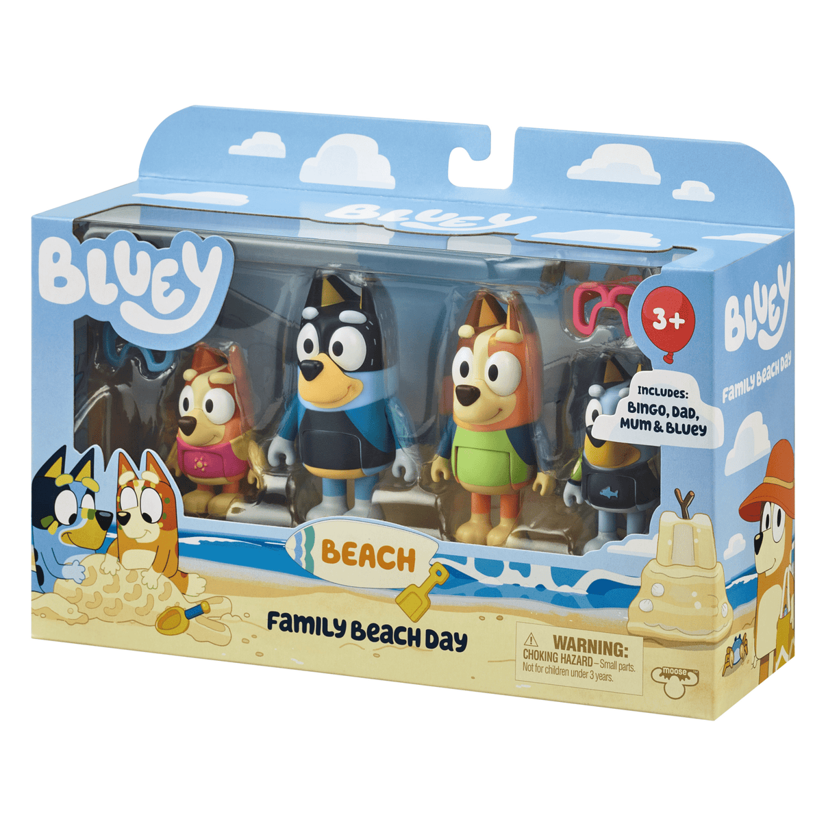 Boxed 4-pack Bluey family beach day character figures with accessories