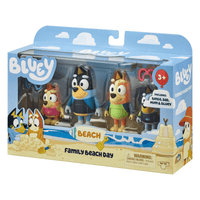 Boxed 4-pack Bluey family beach day character figures with accessories