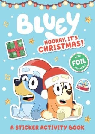 Christmas sticker activity book cover with Bluey in Santa hat and Hooray, It's Christmas!