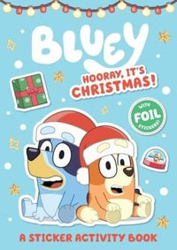 Christmas sticker activity book cover with Bluey in Santa hat and Hooray, It's Christmas!