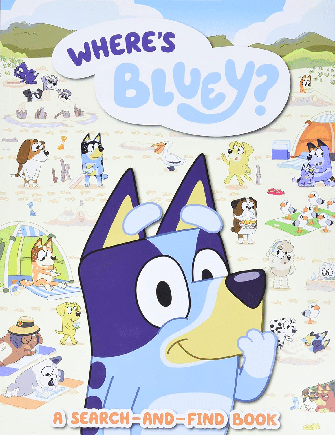 Children's search-and-find book cover with big Bluey face, characters, and Where's Bluey title