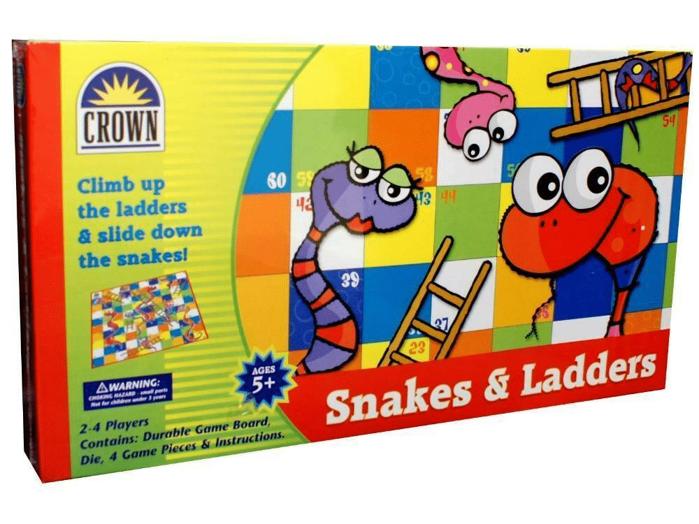 Snakes and Ladders board game box with cartoon snake, ladders, and dice