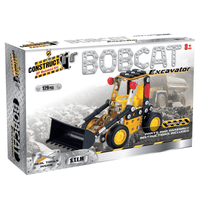 Toy excavator building set box with yellow and black excavator and instruction graphics