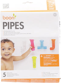 Bath toy pipe set box with 5 colorful suction pipes: pink, blue, orange, green.