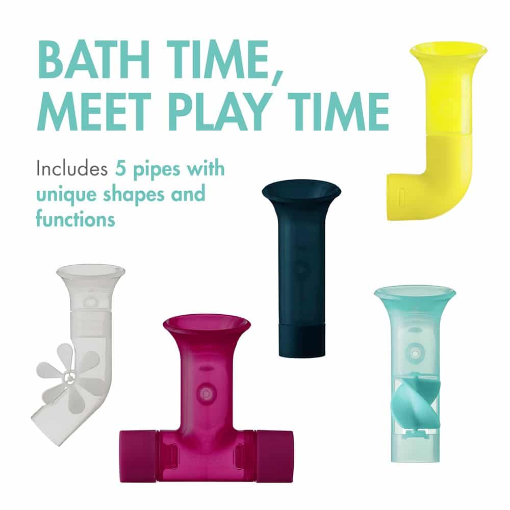 Bath toy pipe set with interlocking pieces in navy and yellow