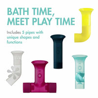 Bath toy pipe set with interlocking pieces in navy and yellow