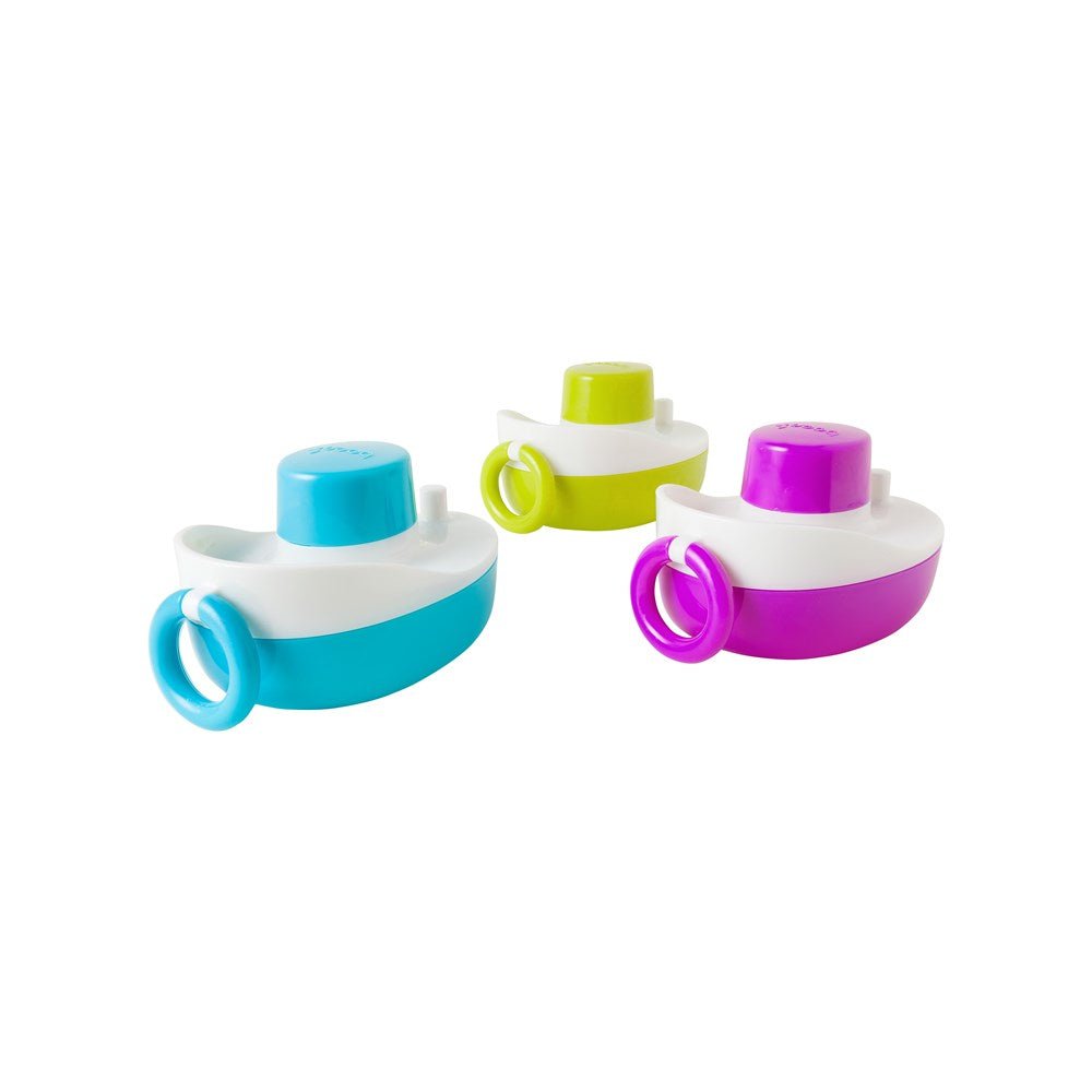 Set of three musical bath boats: blue, lime green, and purple with white tops.