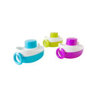 Set of three musical bath boats: blue, lime green, and purple with white tops.