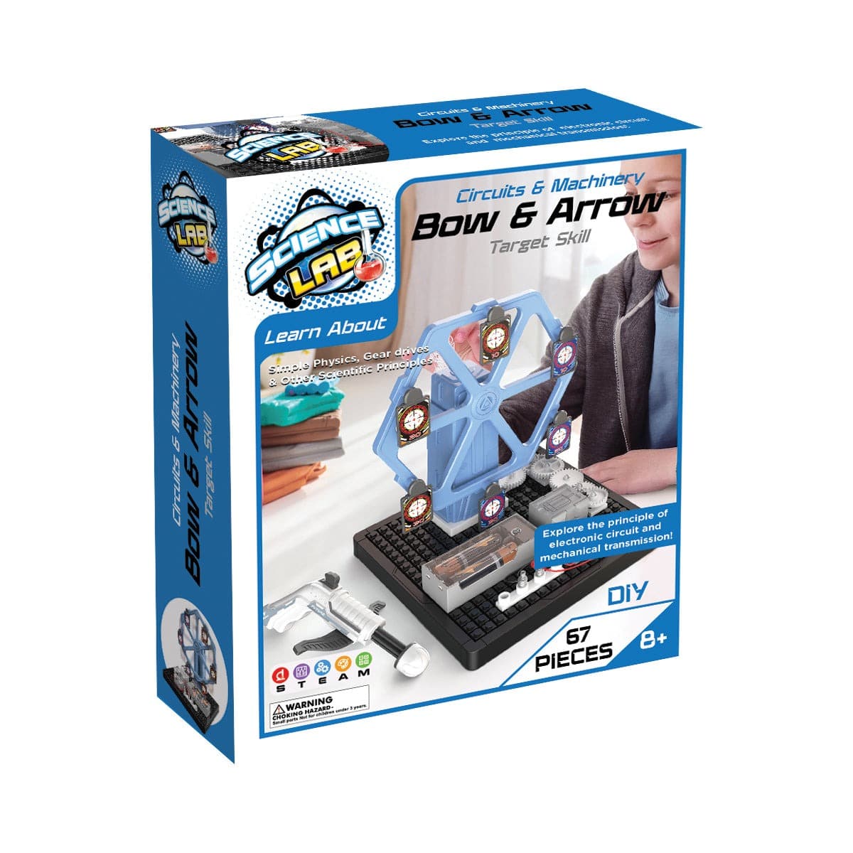 Bow and arrow target wheel science lab kit in retail box packaging