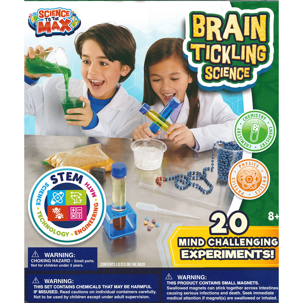Brain-tickling science kit box with children, experiment tray, and STEM logos