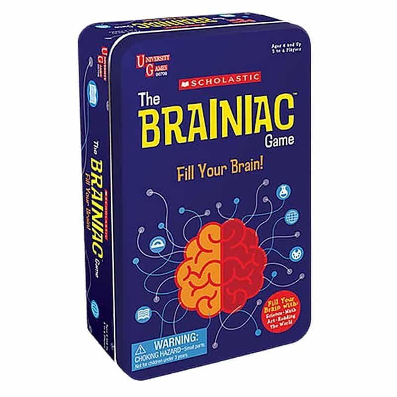 Scholastic The Brainiac tinned game box with instruction text and brain artwork