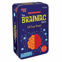 Scholastic The Brainiac tinned game box with instruction text and brain artwork
