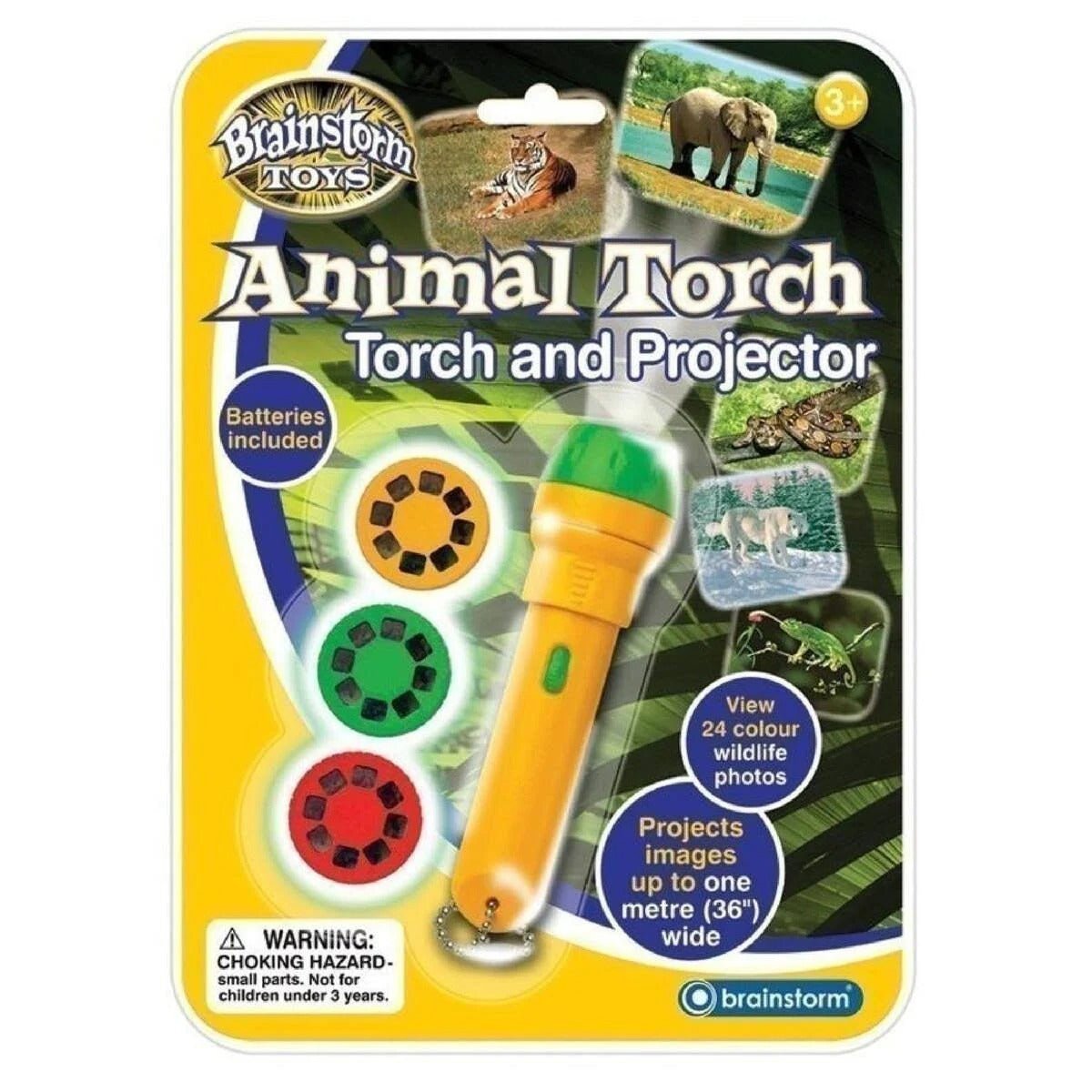 Animal torch and projector set with orange handheld projector toy, blister pack