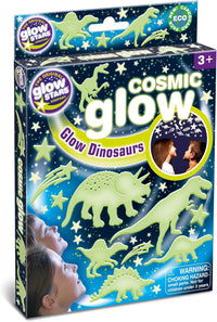 Glow dinosaur sticker set in cosmic star pattern with green glowing dinos