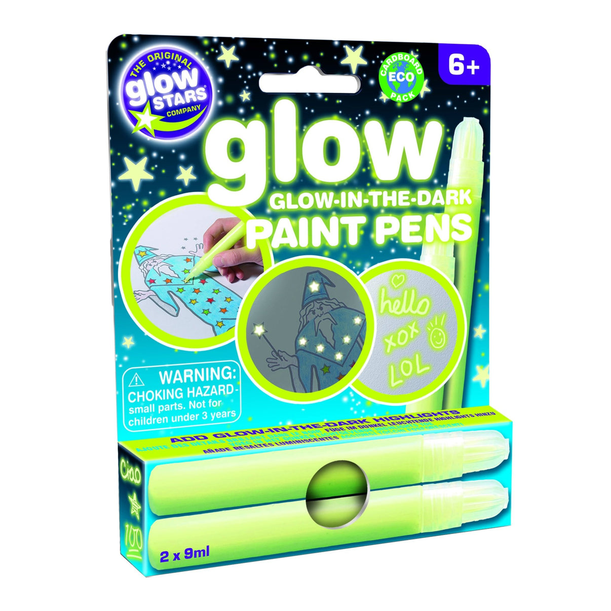 Glow-in-the-dark paint pens package showing two lime pens and star design