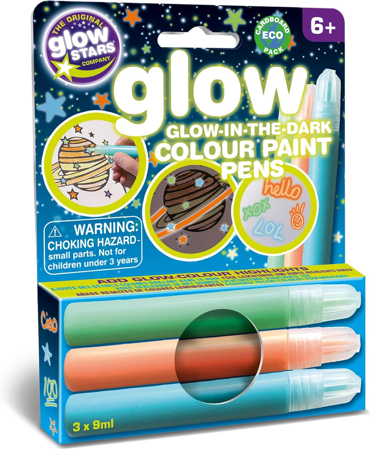 Glow-in-the-dark colour paint pens set box, 3 x 9ml, three pen colors
