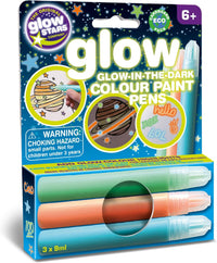 Glow-in-the-dark colour paint pens set box, 3 x 9ml, three pen colors