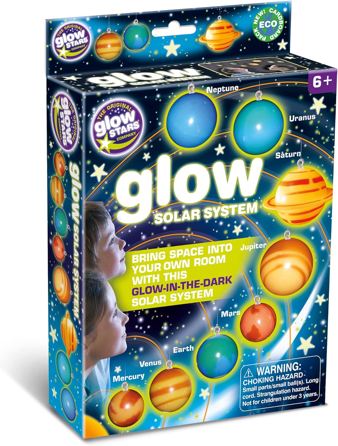 Glow solar system light-up planet set in retail box, planets labeled on blue cover