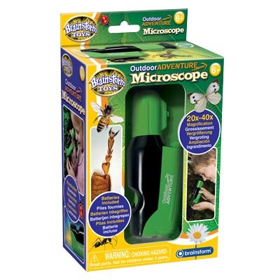 Retail package for Outdoor Adventure microscope with green device in clear blister