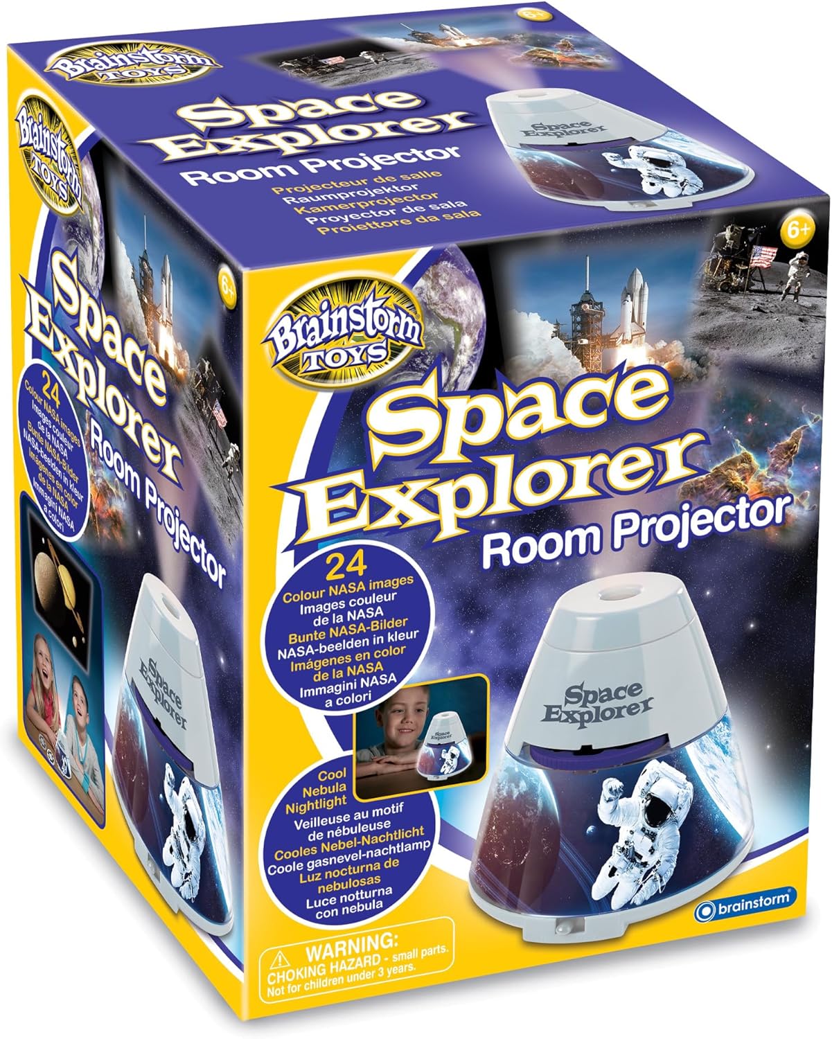 Space Explorer room projector retail box with white dome and astronaut graphic