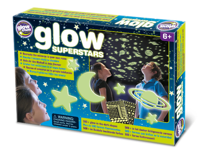 Glow Superstars toy kit box with starry space graphics and yellow text