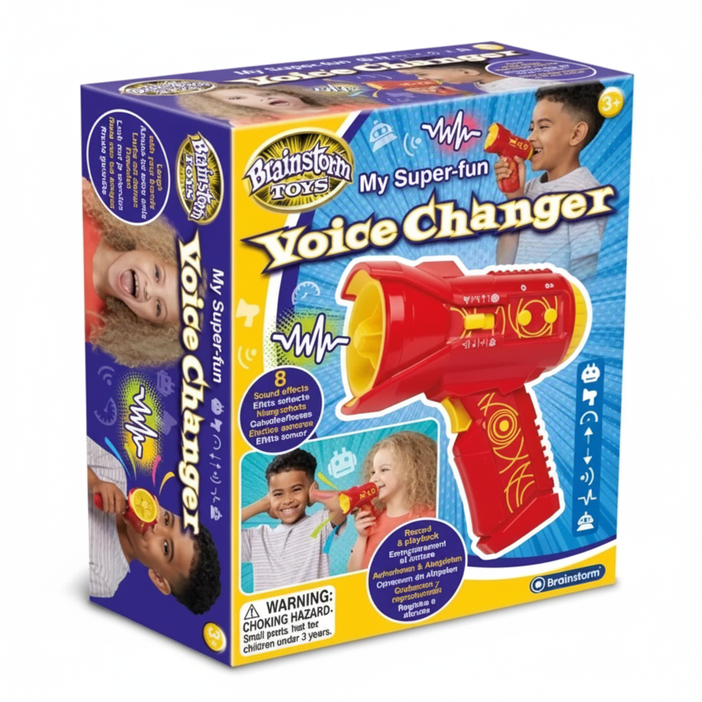 Red voice changer toy in retail box, megaphone-style design