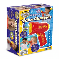 Red voice changer toy in retail box, megaphone-style design