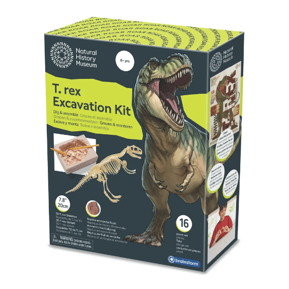 Brainstorm Toys T-Rex Excavation Kit box with dinosaur image and Natural History Museum logo