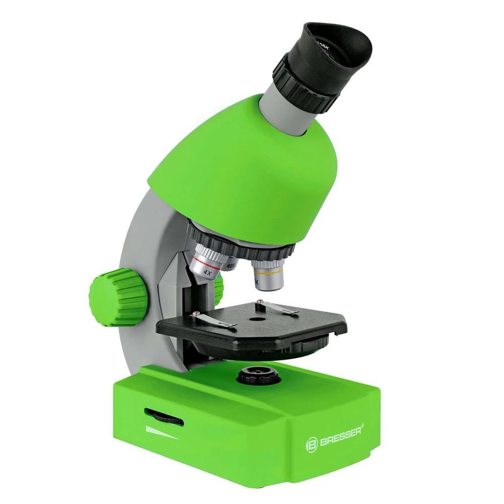Bresser green compound microscope with eyepiece and black specimen stage
