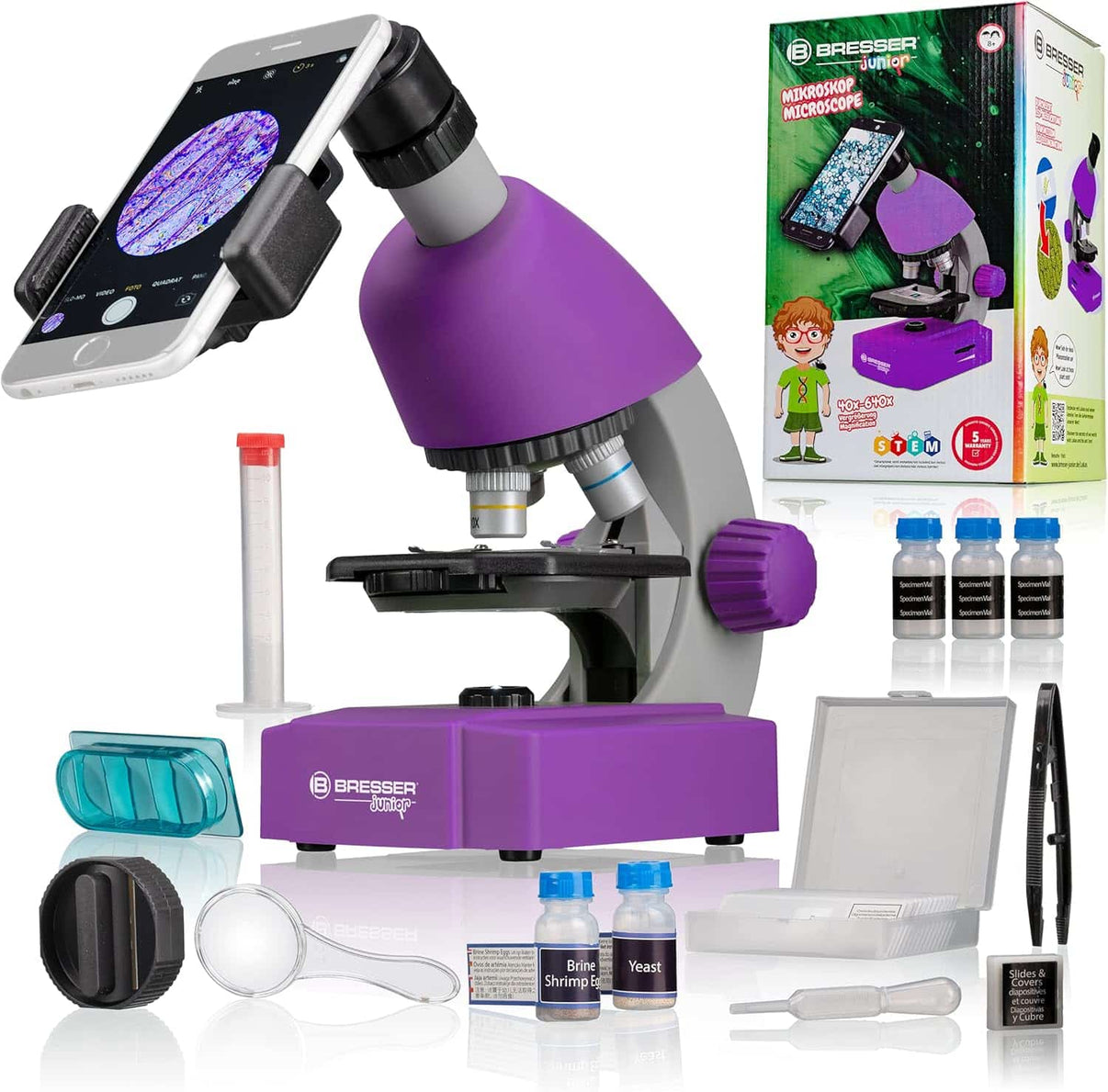 Violet compound microscope kit with tablet view, slides, and sample bottles