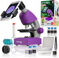 Violet compound microscope kit with tablet view, slides, and sample bottles