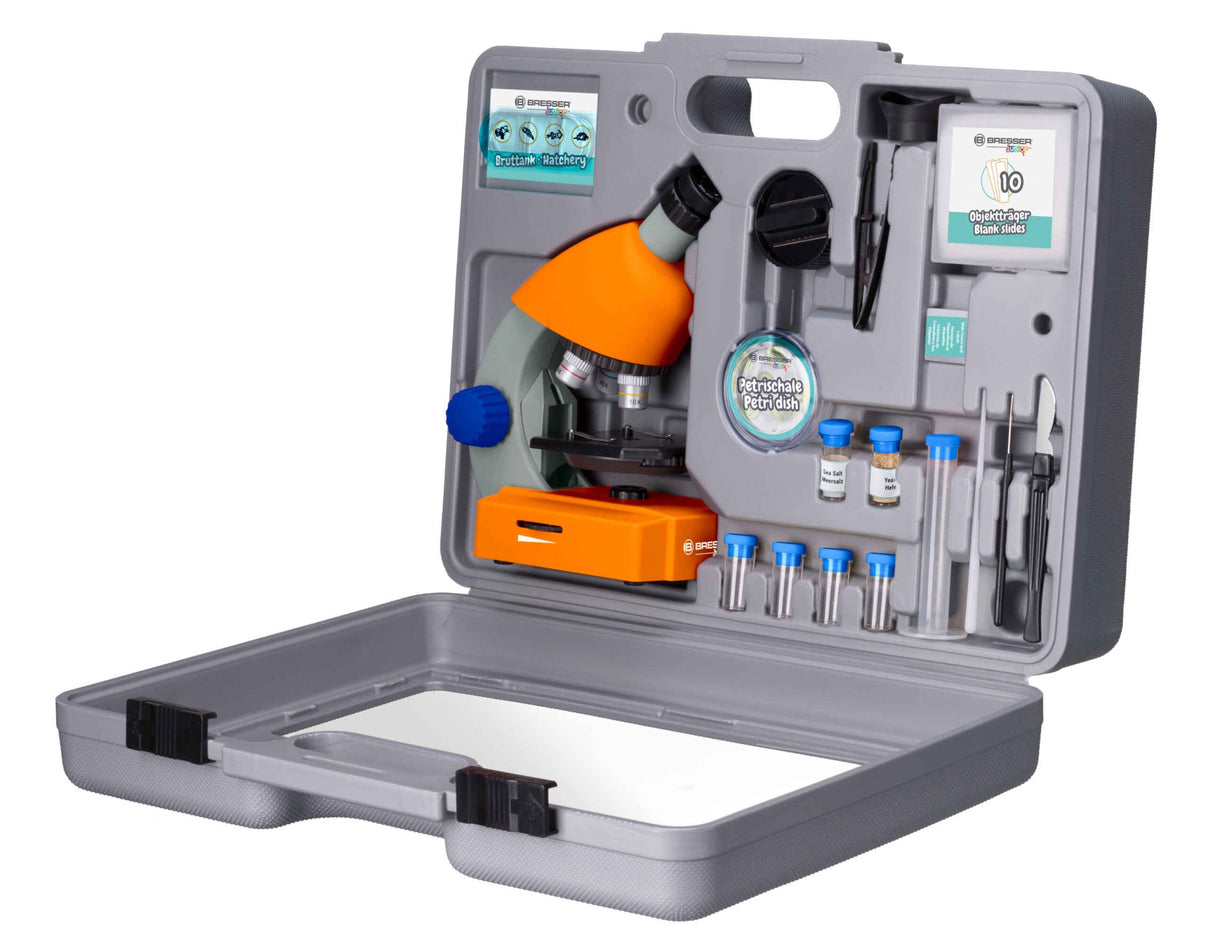 Microscope kit in hard case with orange and gray microscope and accessory compartments