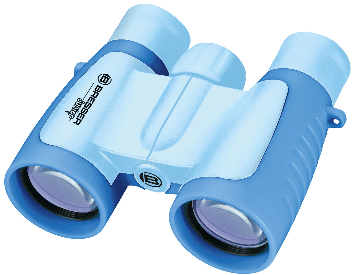 Blue children's binoculars close-up of lenses and central focus