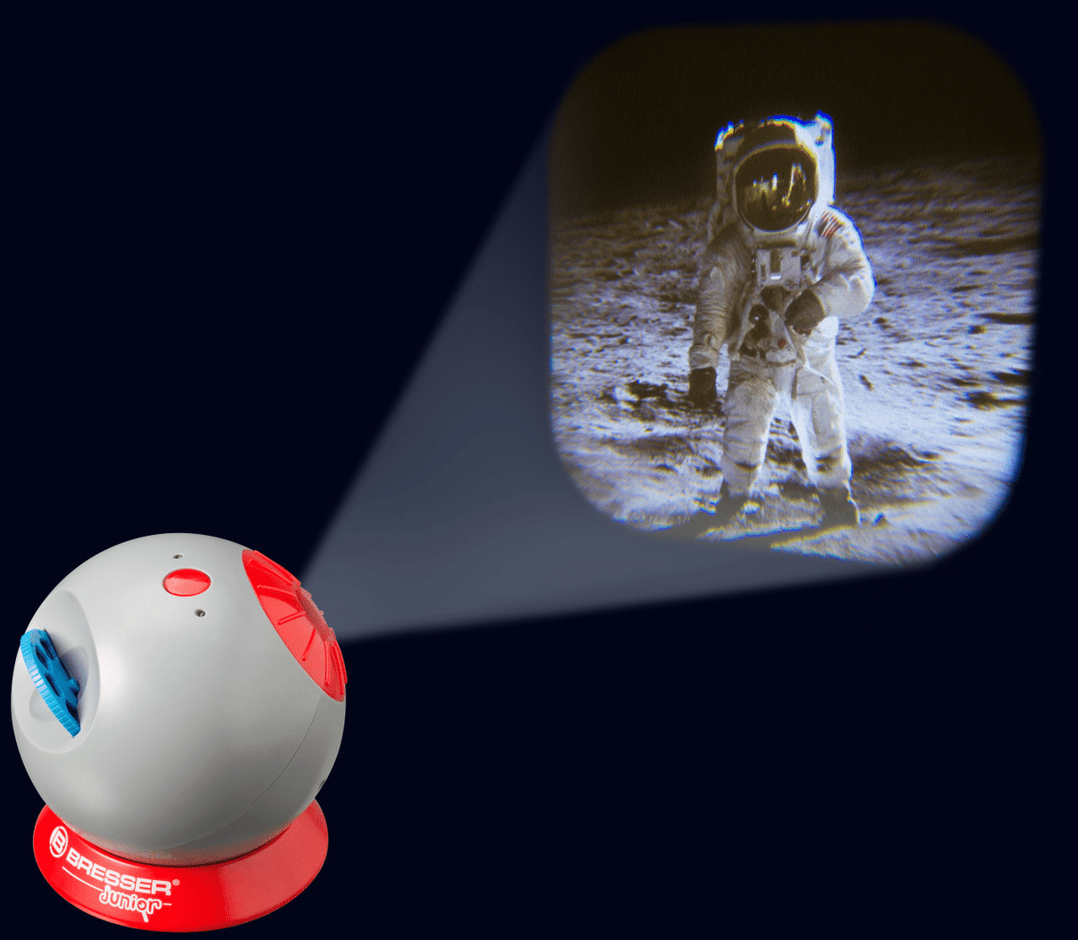 Grey and red space projector dome with an astronaut projection window