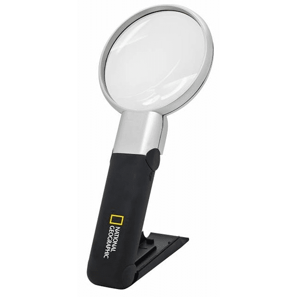 Handheld magnifier with round lens, black grip, gray body, built-in LED lights