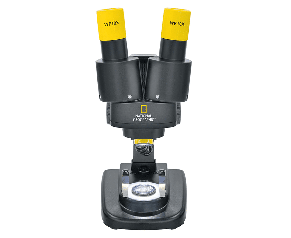 Stereo microscope with yellow eyepieces and National Geographic logo on the base